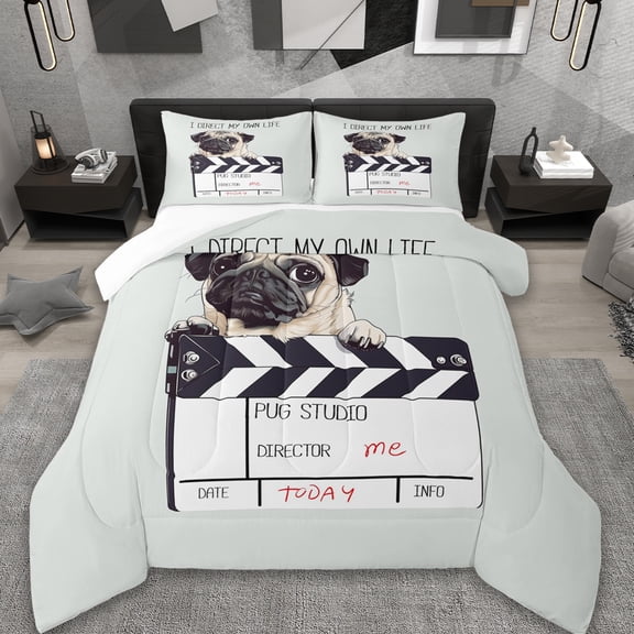 Erosebridal Cute Pug Dog Bedding Sets King with Comforter,Driector Board Duvet Insert,Lovely Puppy Comforter Sets King Size For Men Women,Super Cozy Room Decoration,3pcs