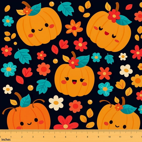 Erosebridal Cute Pumpkin Fabric by the Yard 5 Yards, Smiley Face Flower Leaf Pattern Fabric for Sewing