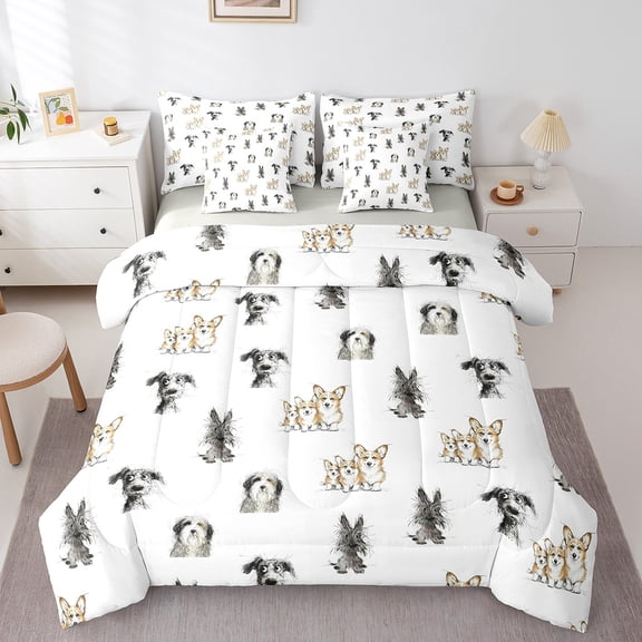 Erosebridal Cute Puppy Dog Bedding Queen Size,Sketch Dogs Comforter Sets with Sheets,Kawaii Corgi Bedding Sets Queen Size,Lightweight Bedroom Decorative Reversible,7pcs
