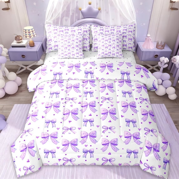 Erosebridal Cute Purple Bowknot Kids 7 Pieces Bedding Comforter Set,Cartoon Heart Print Full Bedding Set For Girls,Reversible