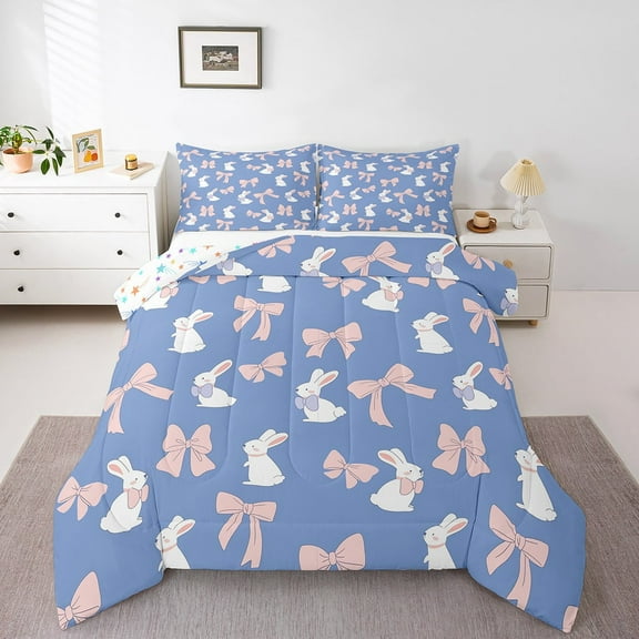 Erosebridal Cute Rabbit Bedding Sets Twin with Comforter, Pink Bowknot Bow Tie Duvet Insert, Blue, Reversible 2-Piece, Reversible