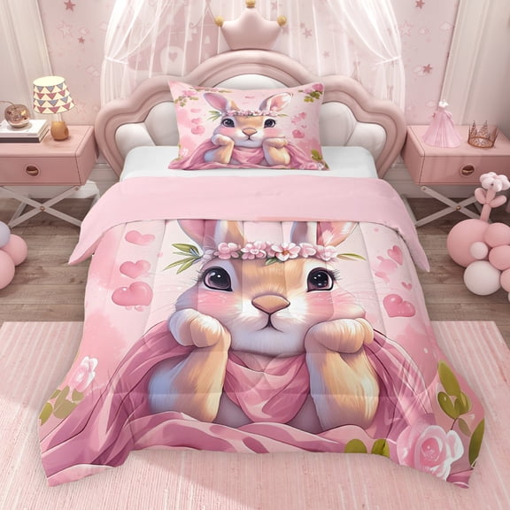 Erosebridal Cute Rabbit Bunnies Twin Comforter Sets for Girls, Happy Easter Theme Bedding Set, Pink Reversible 2pcs, 1 Comforter and 1 Pillowcase