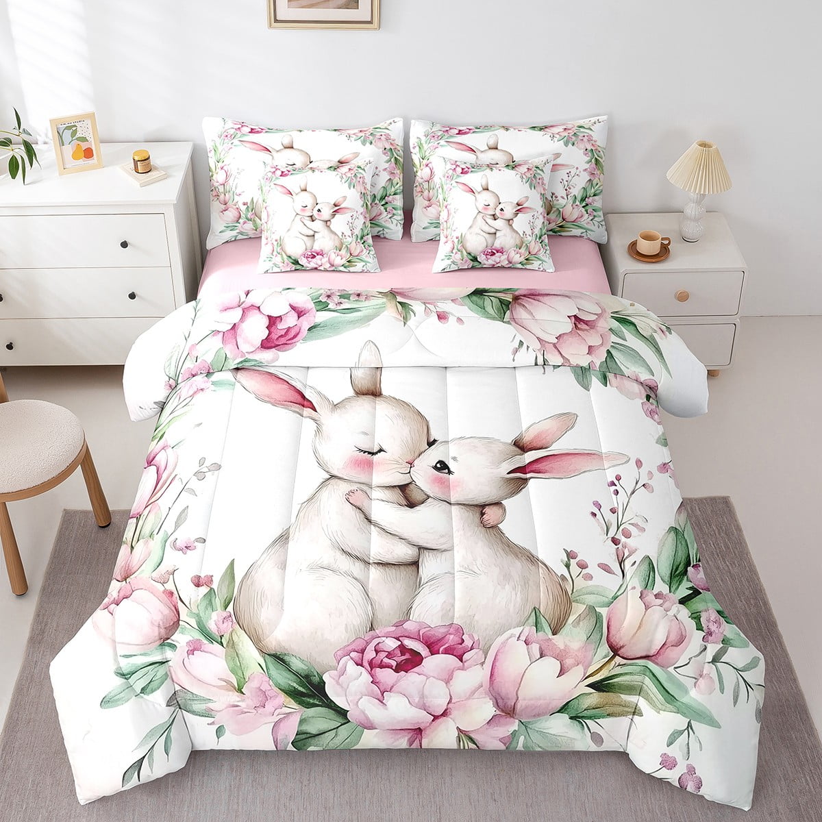 Erosebridal Cute Rabbit Comforter Set Kawaii Animal Floral Decor ...