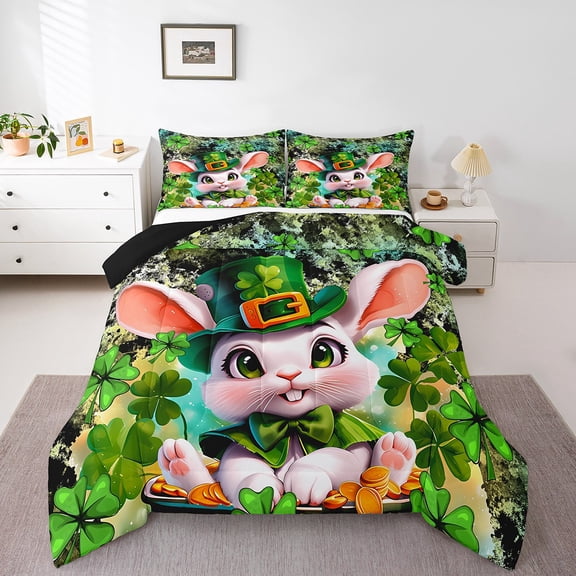 Erosebridal Cute Rabbit Comforter Sets King Size, Green Four Leave Clover Comforters & Duvets, St. Patrick's Day Bedding King Comforter Set, Ultra Soft Room Decorative, 3-Piece