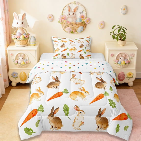 Erosebridal Cute Rabbit Farm Animal Twin Comforter Sets,Happy Easter Theme Bedding Set For Kids Girls Reversible 2-Piece
