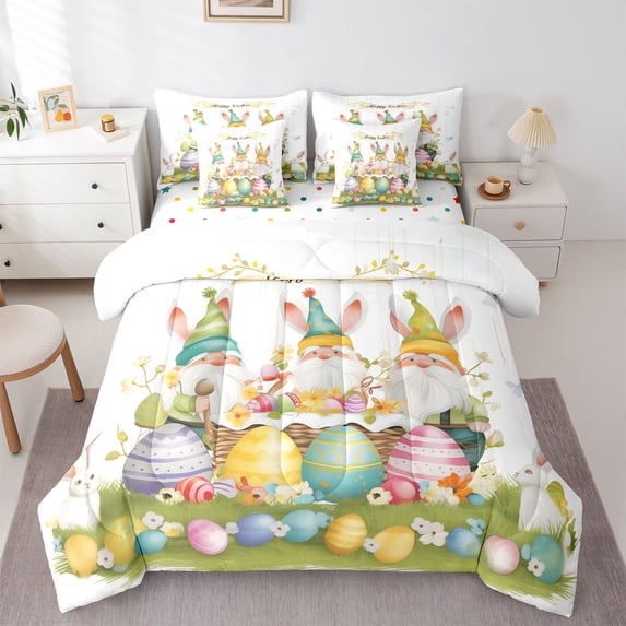 Erosebridal Cute Rabbit Kids 7-Piece Twin Bedding Sets,Cartoon Gnome Colorful Easter Eggs Bedding Comforter Set For Girls Teens Reversible