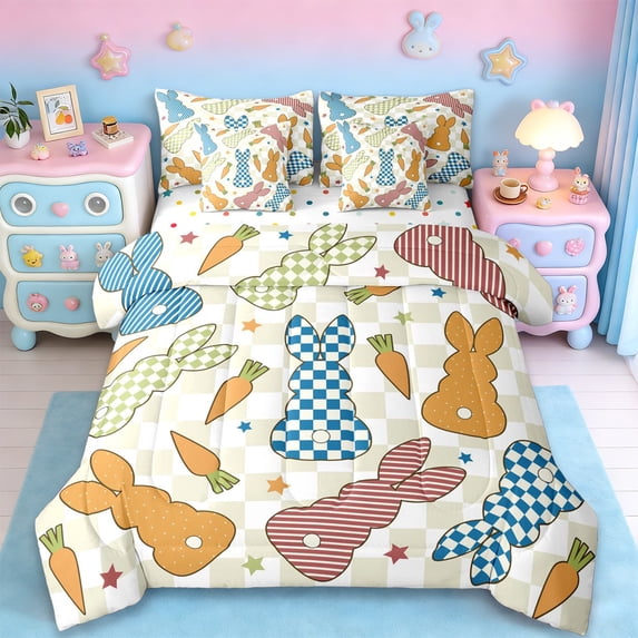Erosebridal Cute Rabbit Print 7pcs Bedding Comforter Set,Colorful Stars Print Queen Bedding Sets For Kids,Reversible