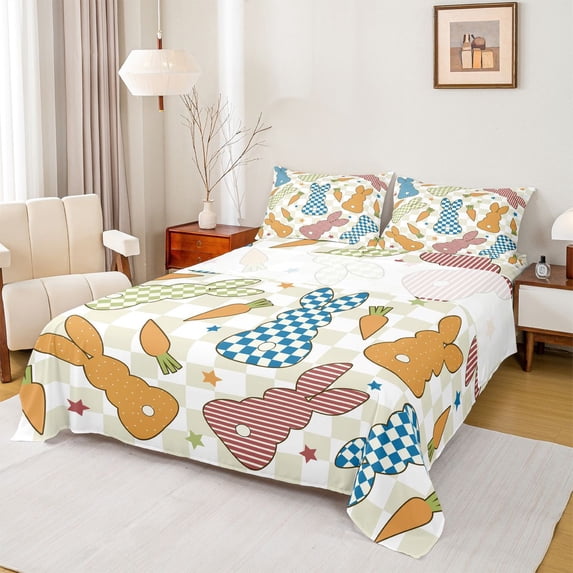 Erosebridal Cute Rabbit Print Full Size Sheets,Colorful Stars Print Bed Sheets For Kids 4 Pieces