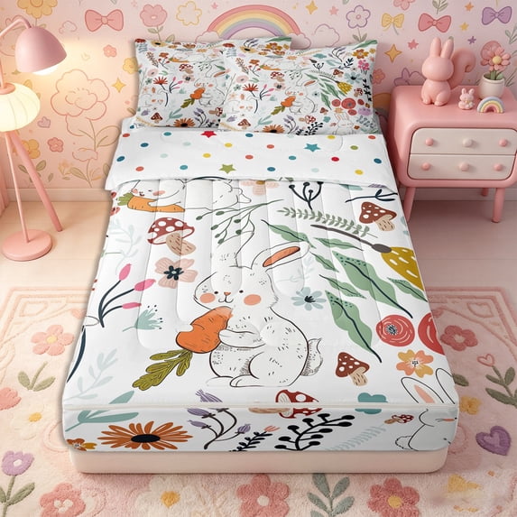 Erosebridal Cute Rabbit Zipper Twin Comforter Sets with Fitted Sheet and 2 Pillowcases,Woodland Foliage Print Zipper Bedding Set,Orange Blush Pink,Reversible