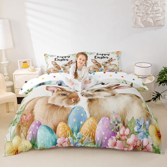 Erosebridal Cute Rabbits Colorful Eggs Queen Duvet Cover Set For Boys Girls,Kids Happy Easter Bedding,3 Pieces,No Comforter,Luxury Bedroom Decor