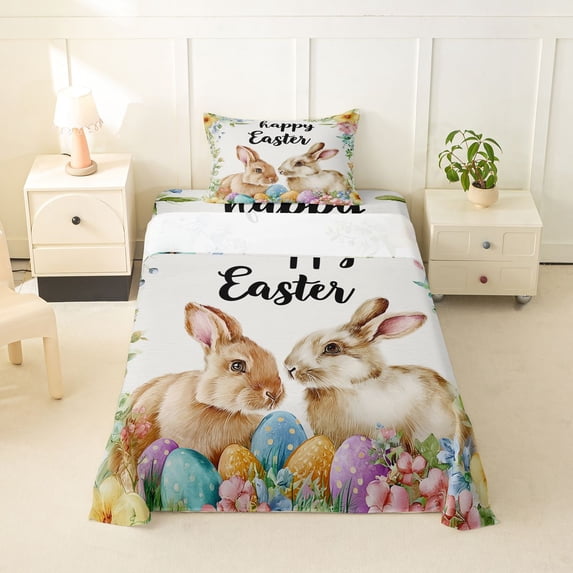Erosebridal Cute Rabbits Colorful Eggs Twin Sheet Sets 3pcs For Boys Girls,Kids Happy Easter Bedding,Luxury Bedroom Decor