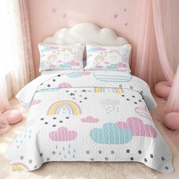 Erosebridal Cute Rainbow Bed Spread Queen, Kawaii Stars Queen Coverlet Set, Polka Dots Reversible, Soft Pastel, 3-Piece (1 Quilt and 2 Pillowcases)