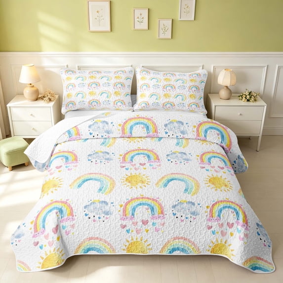 Erosebridal Cute Rainbow Quilt Full, Kawaii Clouds Full Bedspread Sets, Polka Dots Reversible, Watercolor Pastel, 3pcs (1 Coverlet and 2 Pillowcases)