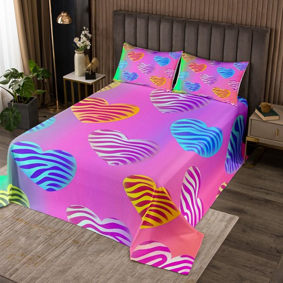 Erosebridal Cute Rainbow Twin Quilt Set Colorful Ombre Gradient Coverlet Set, Kawaii Love Hearts Bedding Set Zebra Print Bedspread Set, Girly Psychedelic Bed Quilt Breathable