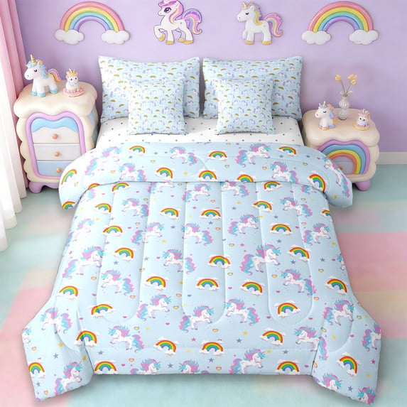 Erosebridal Cute Rainbow Unicorn 7 Pieces Bedding Comforter Set,3D Cartoon Magic Animal Print Full Bedding Set For Kids Girls,Reversible