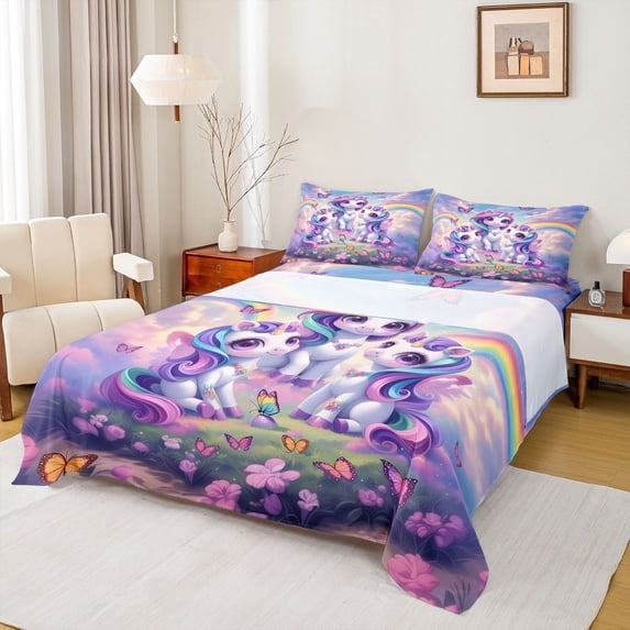 Erosebridal Cute Rainbow Unicorn Bed Sheets,Colorful Butterfly Purple Floral King Sheets For Kids Girls 4 Pieces