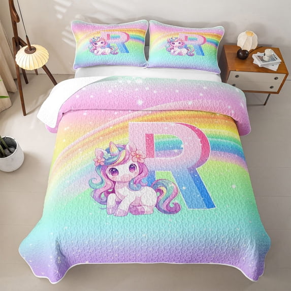 Erosebridal Cute Rainbow Unicorn Twin Quilt Set,Watercolor Alphabet R Girls Personalized Gifts Twin Coverlet Set For Kids,2 Pieces