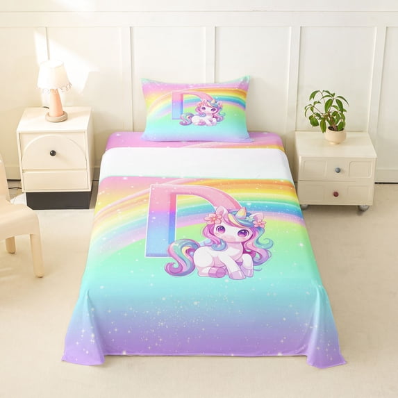 Erosebridal Cute Rainbow Unicorn Twin Sheet Sets,Watercolor Alphabet D Girls Personalized Gifts Bedding For Kids 3 Pieces