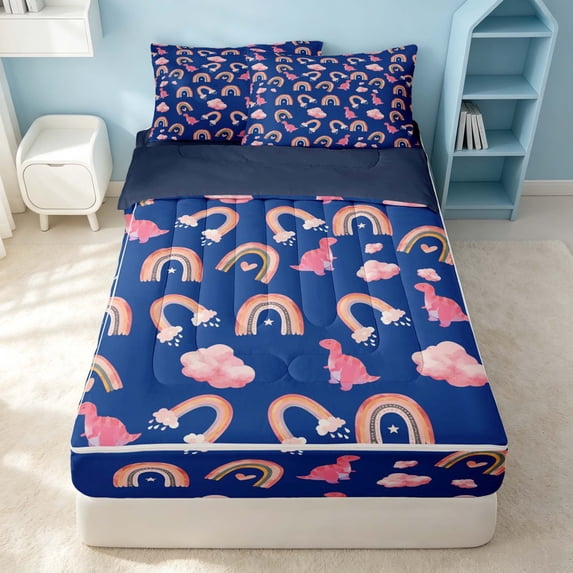 Erosebridal Cute Rainbow Zipper Twin Comforter Sets with Fitted Sheet and 2 Pillowcases, Cartoon Flamingo Zipper Bedding Set, Navy Reversible, Royal Blue Pink, Navy Reversible