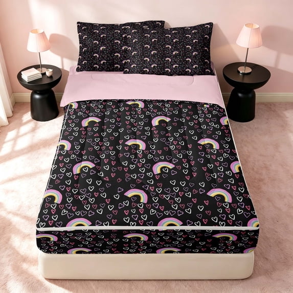Erosebridal Cute Rainbow Zipper Twin Comforter Sets with Fitted Sheet and 2 Pillowcases, Cartoon Love Heart Zipper Bedding Set, Pink Reversible, Black Rainbow, Pink Reversible