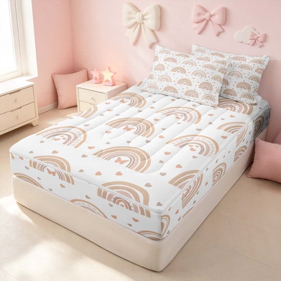 Erosebridal Cute Rainbow Zipper Twin Comforter Sets with Fitted Sheet and 2 Pillowcases for Girls, Cartoon Hearts Zipper Bedding Set, Polka Dots Reversible