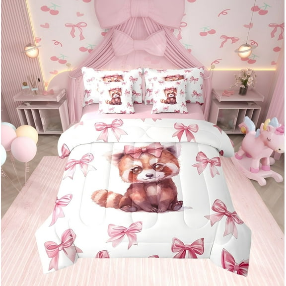 Erosebridal Cute Red Panda Comforter Sets Twin Size, Princess Bow Comforters & Duvets, Cartoon Animal Room Decor, Reversible