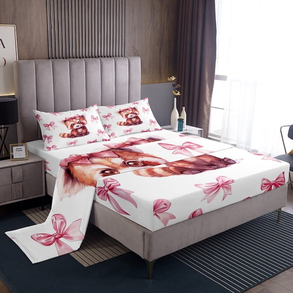 Erosebridal Cute Red Panda Full Sheet Sets, Princess Bow Bedding Full Size, Cartoon Animal Room Decor