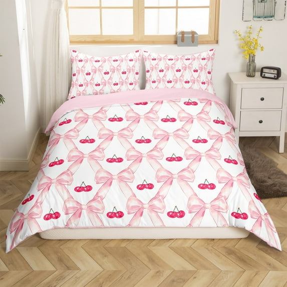Erosebridal Cute Ribbon Bow Bedding Set,Pink Kawaii Cherry Comforter Cover Teen Women Bedroom Decor King,Watercolor Bow Duvet Cover Abstract Bowknot Grids Quilt Cover Zipper 3 Pcs