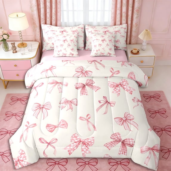 Erosebridal Cute Ribbon Bow Twin Bedding Sets 7-Piece for Children,Kawaii Plaid Bowtie Bedding Comforter Set for Teens Girls,Pink Reversible,Lightweight Room Decor