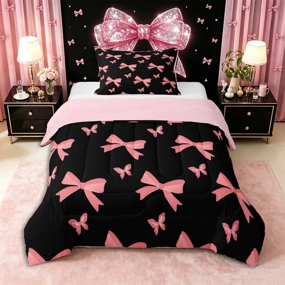 Erosebridal Cute Ribbon Bow Twin Comforter Sets 3-Piece for Girls,Teens Women Flying Butterfly Bedding Set,Pink Reversible,Breathable Home Decor
