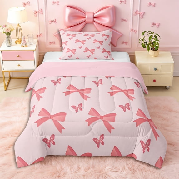 Erosebridal Cute Ribbon Bow Twin Comforter Sets 3-Piece for Girls,Teens Women Flying Butterfly Bedding Set,Pink Reversible,Ultra Soft Home Decor