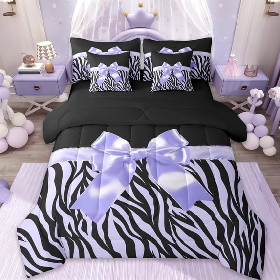 Erosebridal Cute Ribbon Bowknot 7 Pieces Bedding Comforter Set,Abstract Zebra Stripe Full Bedding Set For Girls Kids,Reversible black