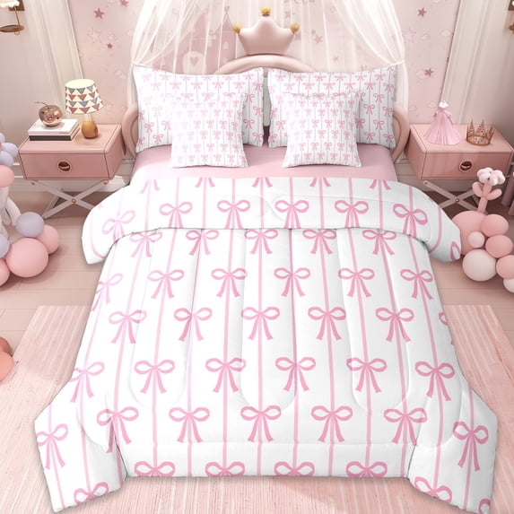 Erosebridal Cute Ribbon Bowknot Kids 7pcs Bedding Comforter Set,Pink Bowtie Queen Bedding Sets For Bowtie Girls,Pink Reversible