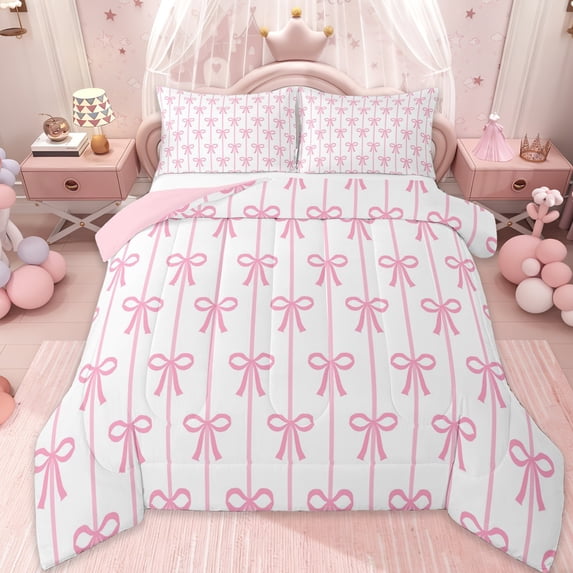 Erosebridal Cute Ribbon Bowknot Kids Queen Comforter Set,Pink Bowtie Bedding Comforter Set For Bowtie Girls,Pink Reversible,3-Piece