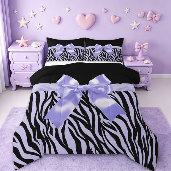 Erosebridal Cute Ribbon Bowknot Queen Comforter Set,Abstract Zebra Stripe Bedding Comforter Set For Girls Kids,Reversible black,3pcs