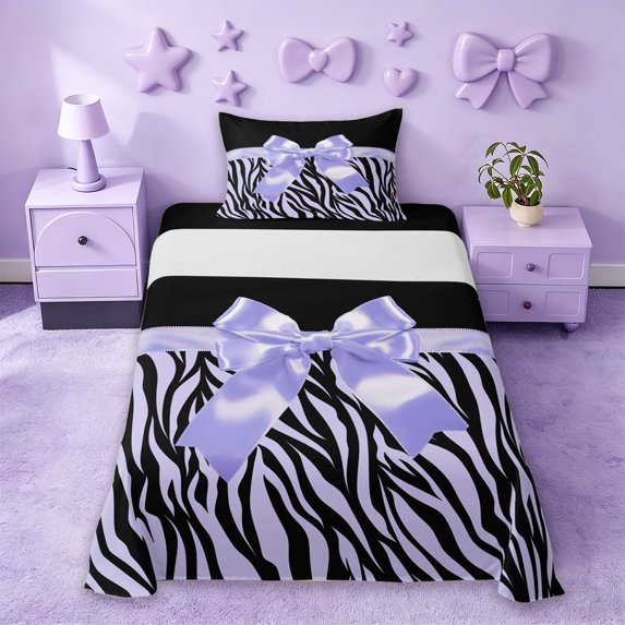 Erosebridal Cute Ribbon Bowknot Twin Sheet Sets,Abstract Zebra Stripe Bedding For Girls Kids 3-Piece