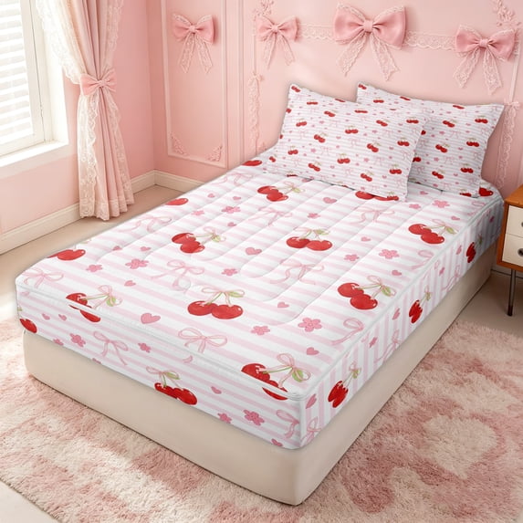 Erosebridal Cute Ribbon Cherry Zipper Twin Comforter Sets with Fitted Sheet and 2 Pillowcases for Girls, Cartoon Stripes Lines Zipper Bedding Set, Pink Reversible, 4pcs