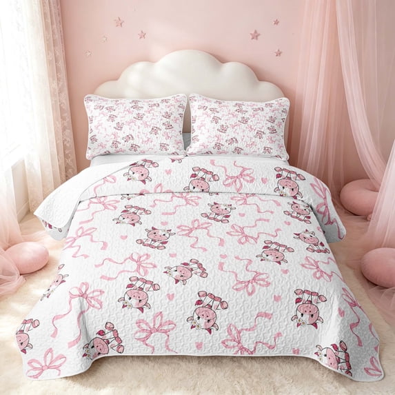 Erosebridal Cute Ribbon Twin Quilt Set, Cute Bow-Tie Twin Coverlet Set, Pink Reversible, Pink White, 2-Piece (1 Bedspread and 1 Pillowcase)