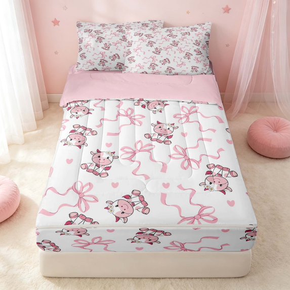 Erosebridal Cute Ribbon Zipper Twin Comforter Sets with Fitted Sheet and 2 Pillowcases, Cute Bow-Tie Zipper Bedding Set, Pink Reversible, Pink White, Pink Reversible