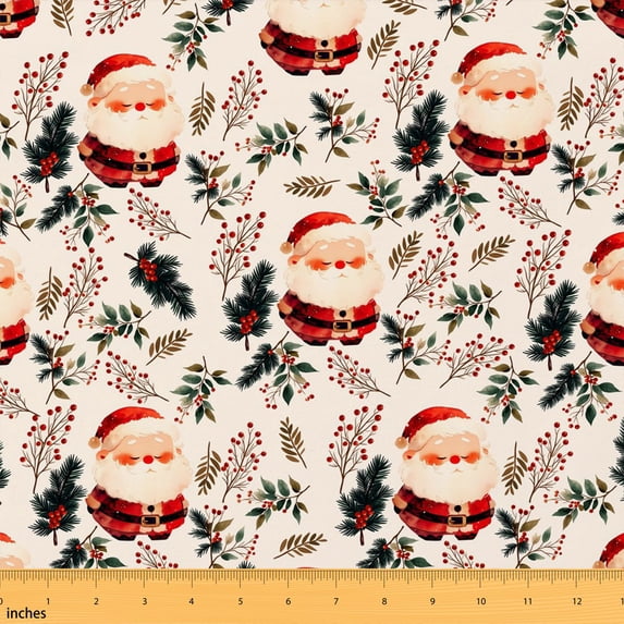 Erosebridal Cute Santa Claus Fabric by the Yard 1 Yard, Pine Berry Christmas Home Decor Fabric by the Yard
