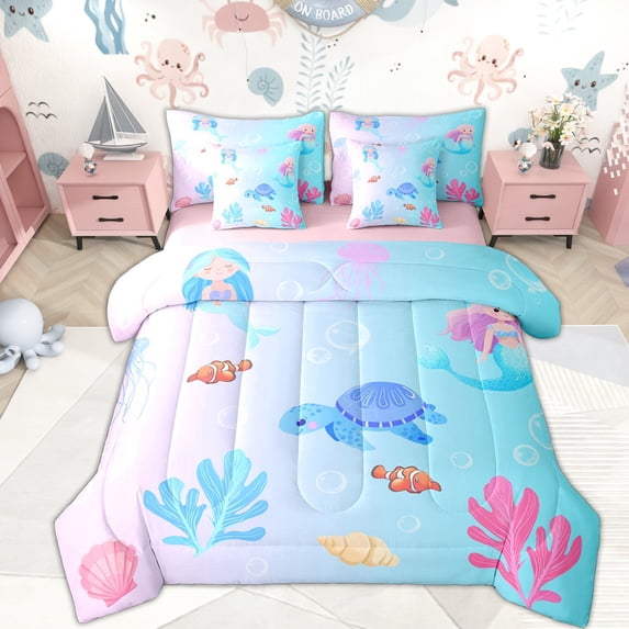 Erosebridal Cute Sea Turtle Bedding Comforter Set 7 Pieces, Cartoon Coral Full Bedding Set, Pink Blue