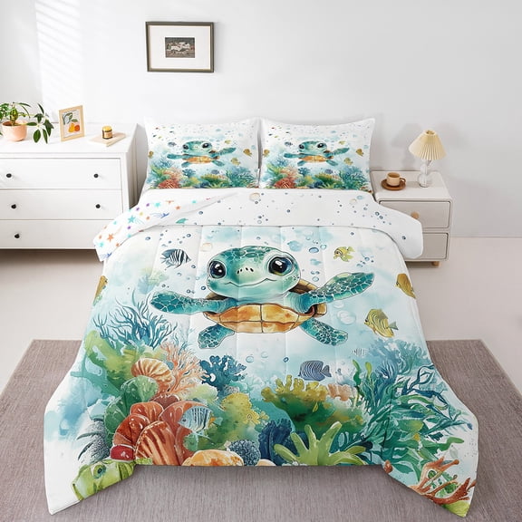 Erosebridal Cute Sea Turtle Bedding Twin Comforter Set, Ocean Animal Down Comforter, Underwater World Bedroom Decor, Reversible 2-Piece