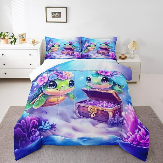 Erosebridal Cute Sea Turtle Comforter Set King Size Cartoon Ocean Animal Bedding Set Sea Creatures Comforter Underwater World Quilt Set