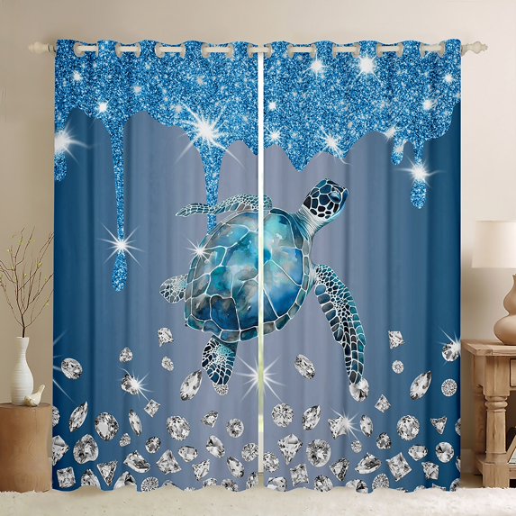 Erosebridal Cute Sea Turtle Curtains Pack of 2 (42x90), Sequin Print 30%-50% Black Out Curtains, Kawaii Sealife Curtains for Living Room, Window Curtains Bedroom Decor
