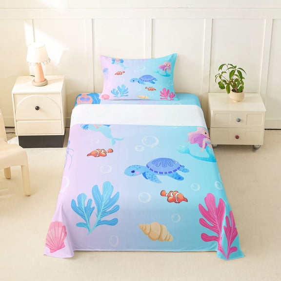 Erosebridal Cute Sea Turtle Twin Sheet Sets, Cartoon Coral Bedding, Pink Blue, 3pcs