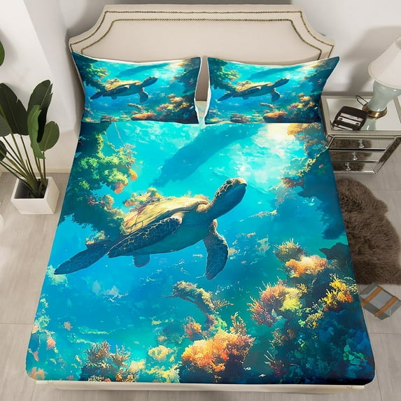 Erosebridal Cute Sea Turtle Twin Sheets Cartoon Sea Turtle Bed Sheets,Reptile Animal Bed Cover Coastal Marine Sealife Bed Set Ocean Underwater World Decor