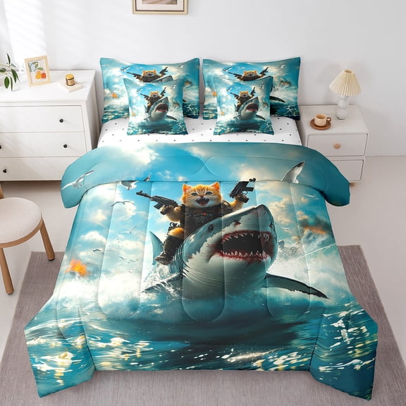 Erosebridal Shark Bedding Twin Size, Cute Cat Bed in a Bag Twin size, Nautical Ocean Decor, Reversible 7pcs