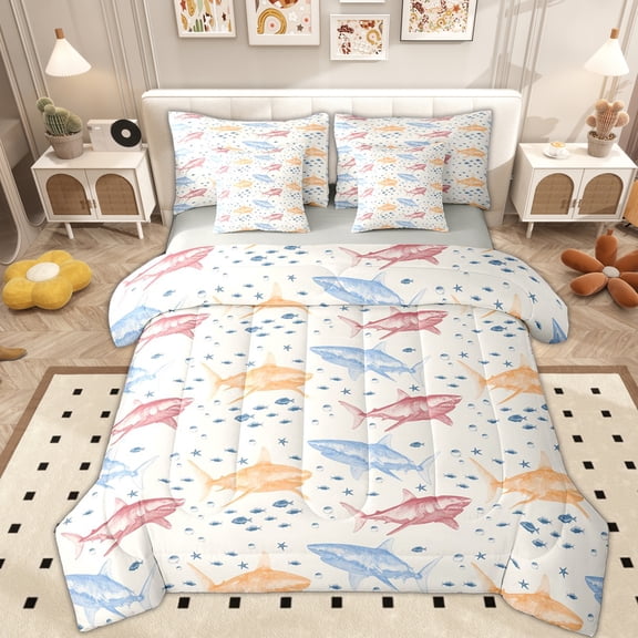Erosebridal Cute Shark Twin Bedding Sets 7-Piece for Kid, Sealife Animal Bedding Comforter Set