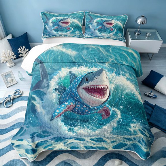 Erosebridal Cute Shark Twin Quilt Set, Sea Wildlife Twin Coverlet Set, Reversible 2-Piece, 1 Bedspread and 1 Pillowcase