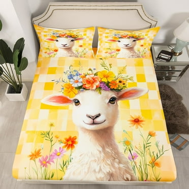 Erosebridal Cute Sheep Bed Sheets Cartoon Animal Theme Fitted Sheet Twin Sheep Flower Print Bedding Set Bedroom,Yellow Geometric Check Floral Sheets 1 Pillow Case（No Top Sheet）